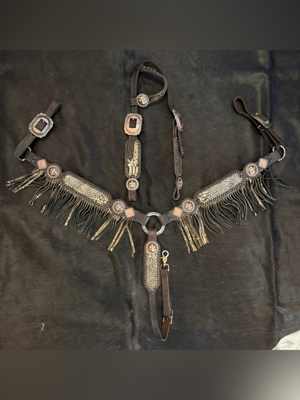 Wind‎ River Copper Gold Horse Tack Set Bridle and Breastcollar with Fringe